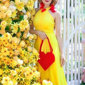 NWT Meghan LA Aphrodite Maxi Dress Size Medium Yellow Halter Ruffle Slit Gown